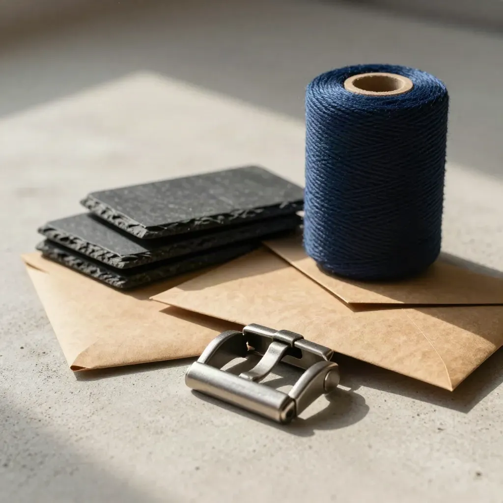 Slate cargo seals, open buckle, kraft envelope and twine on pale concrete.