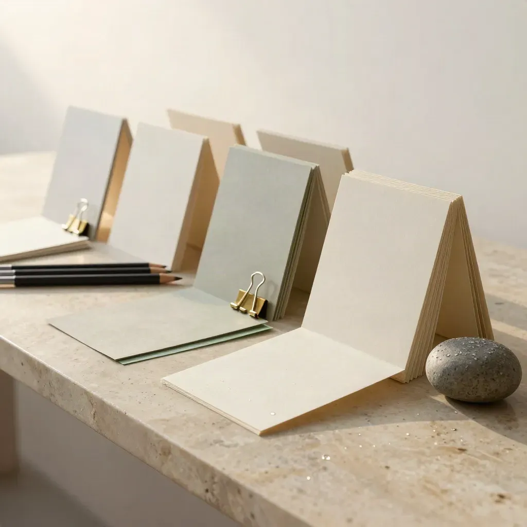Studio still life of strategy cards, swatches, pencils, clips and paperweight on limestone.