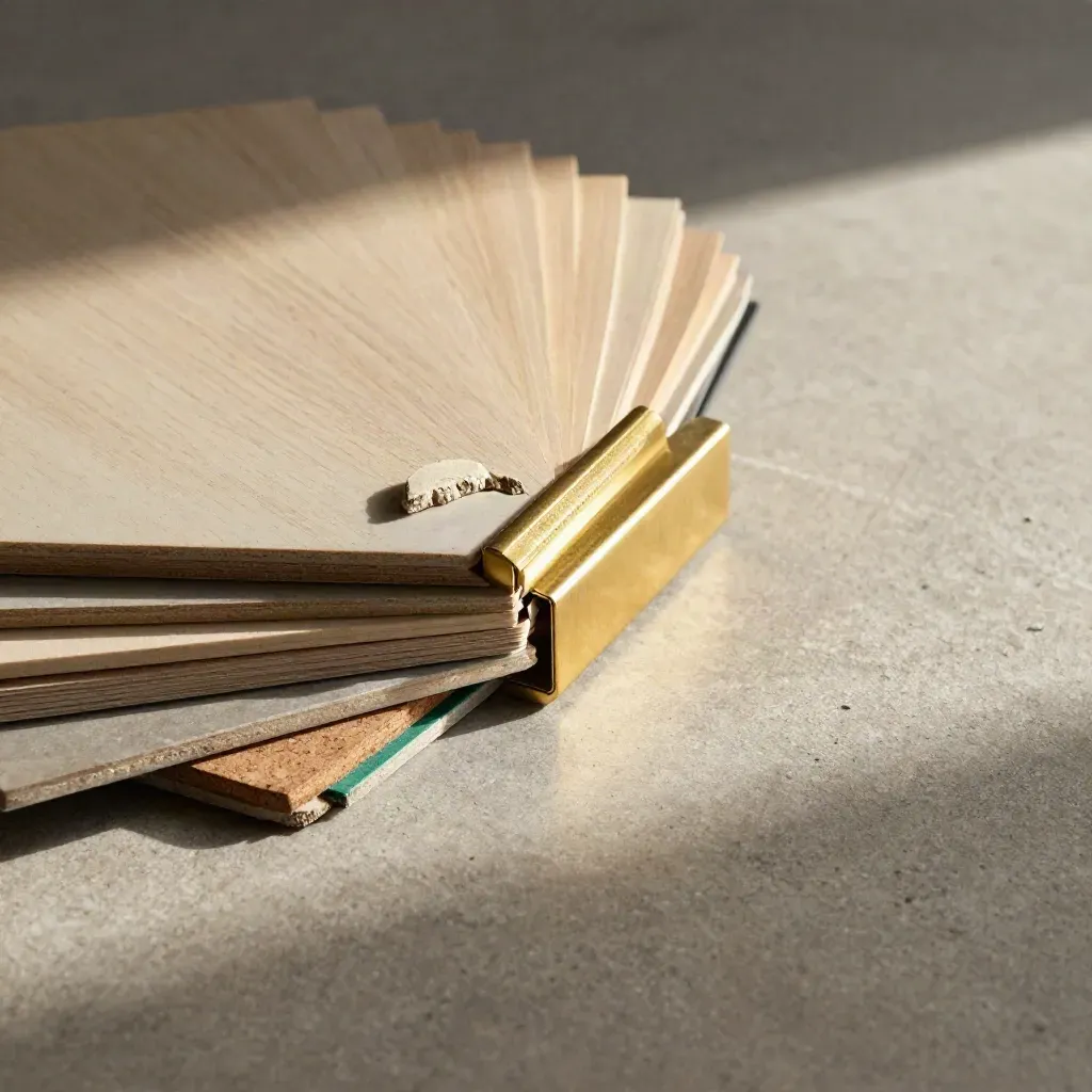Interior material samples on stone: pale veneers, tile, brass trim and cork in soft daylight.