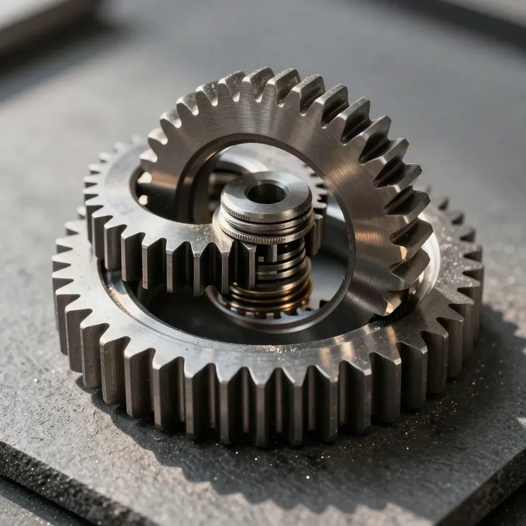 Machined gears, coupling ring, and steel shims on graphite with raking light and metal dust.