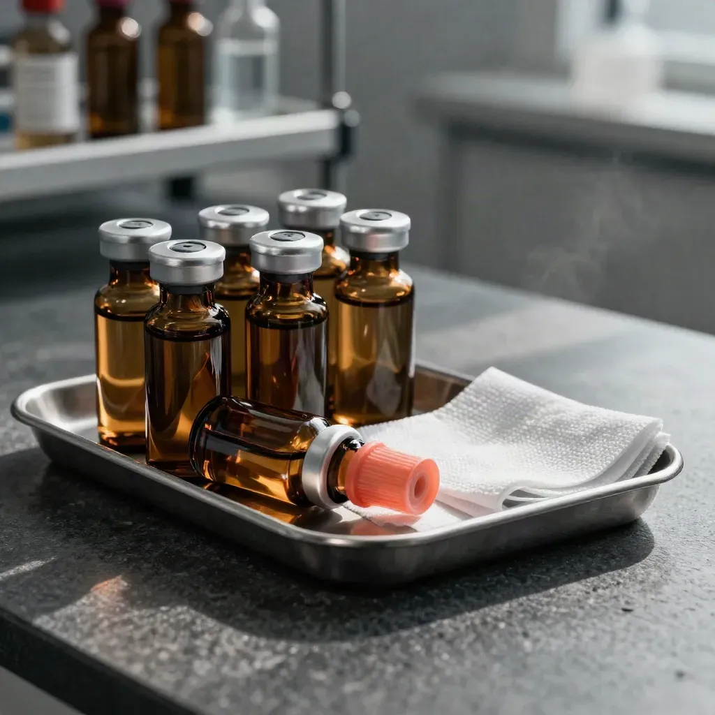 Amber vials and steel tray on dark stone with a coral cap in soft biotech haze.
