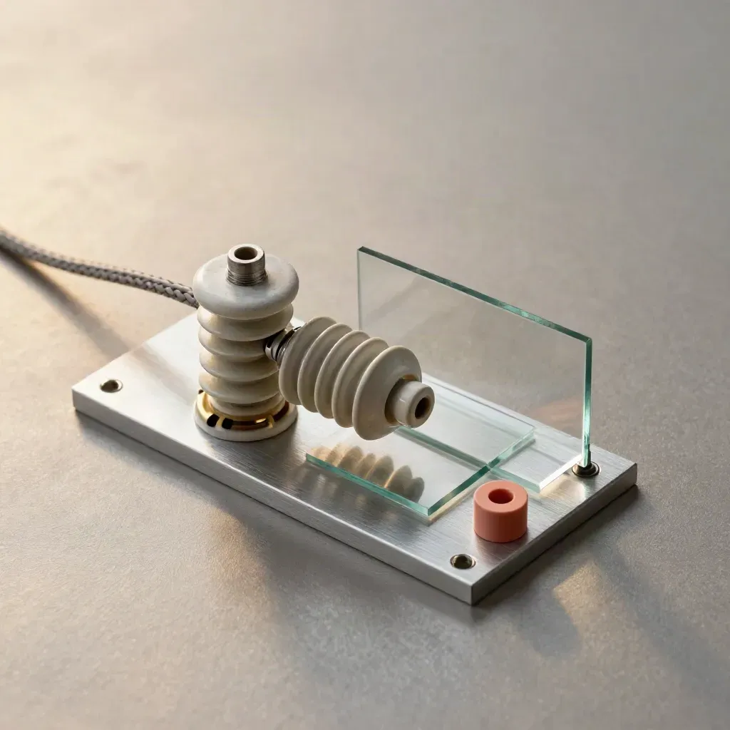 Overhead industrial still life of a cable bracket, insulator, glass sample and braided sleeve on brushed metal.