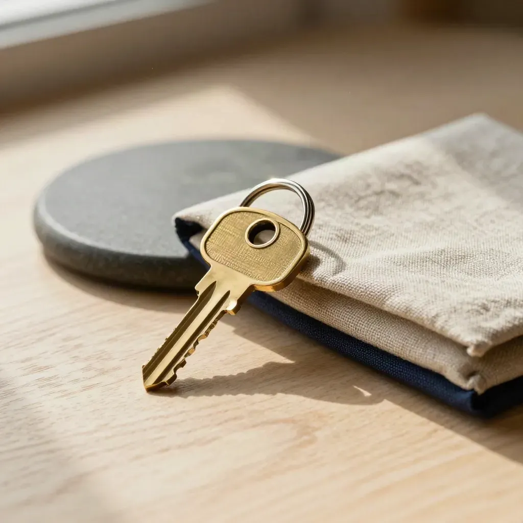Brass key ring still life with latch plate, linen sleeve, and stone coaster on pale oak