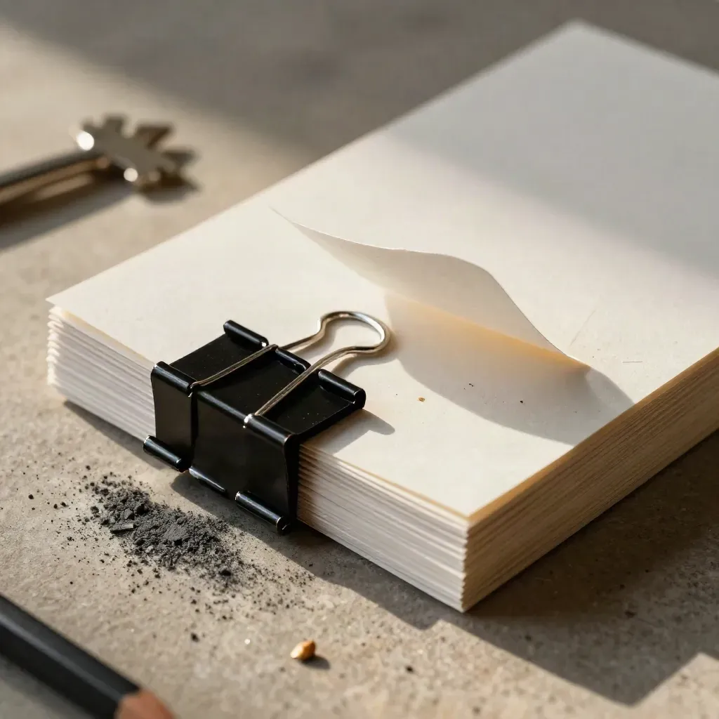Macro of workshop cards, binder clips and charcoal pencil on warm stone.