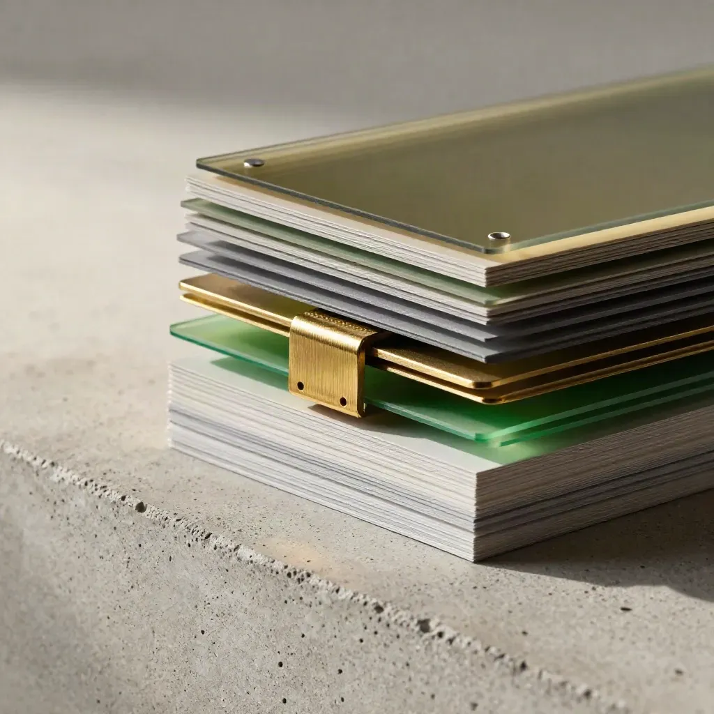 Macro of acetate tabs, paper modules and a brass clip bar on concrete, locking a framework together.