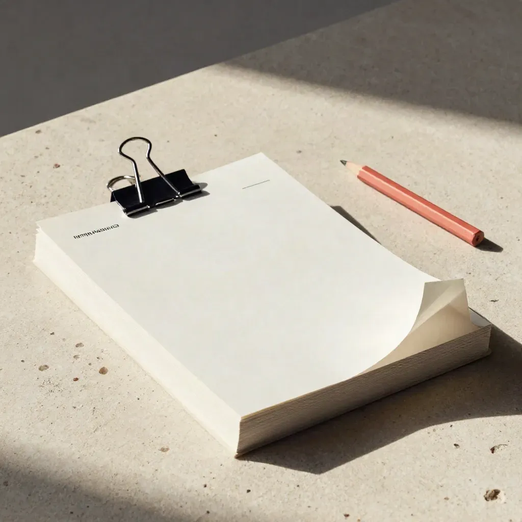 Blank manuscript pages, black clip, paper markers and coral pencil stub on pale limestone.