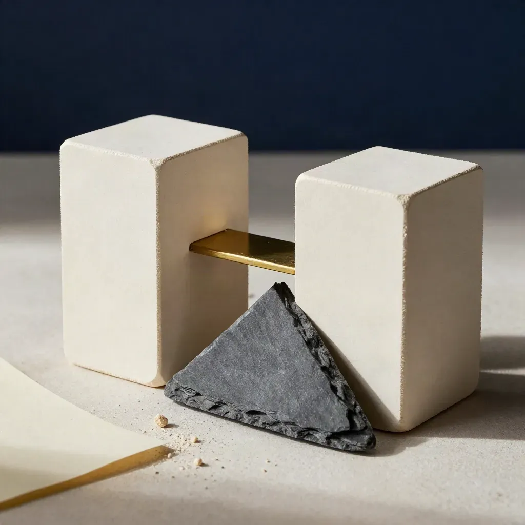Matte blocks bridged by brass and slate on plaster, lit with soft daylight