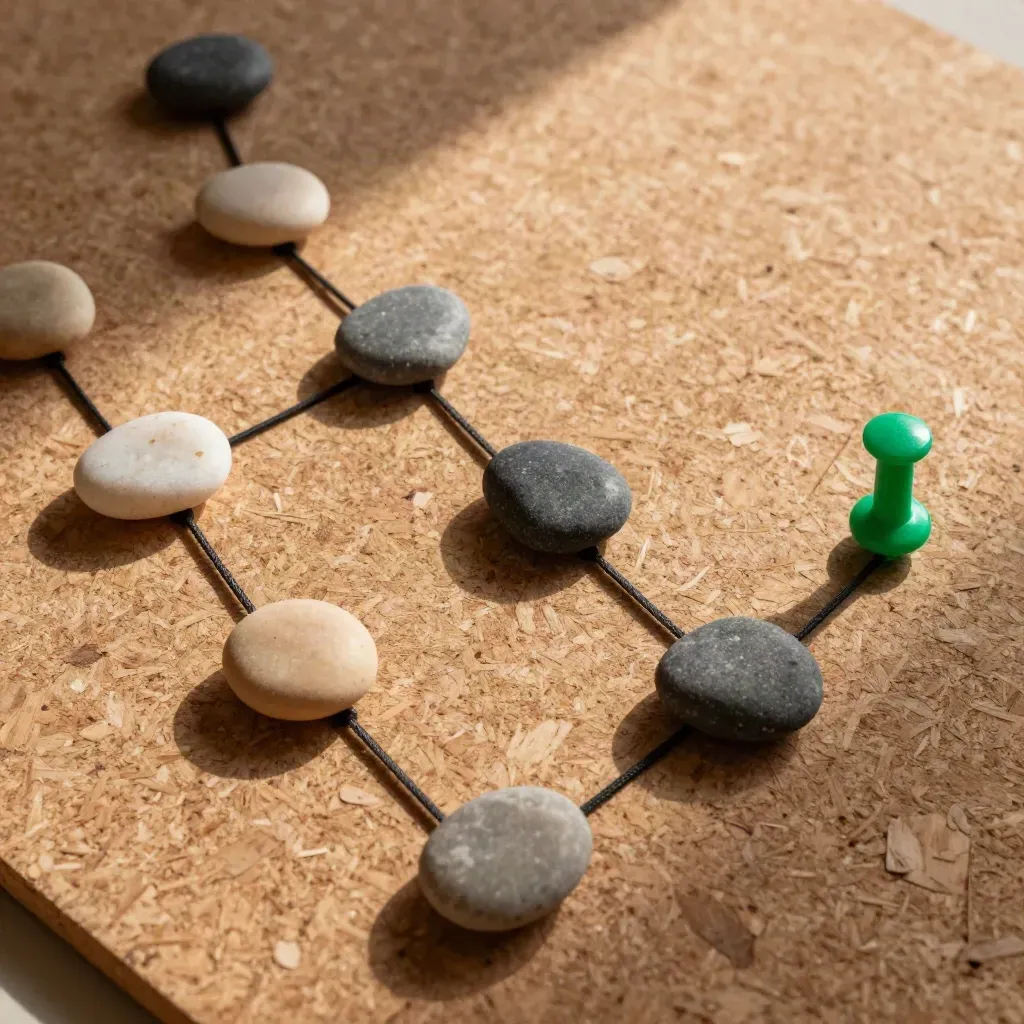 Macro flat lay of journey-mapping stones, cord, pins, and a green accent on cork board.