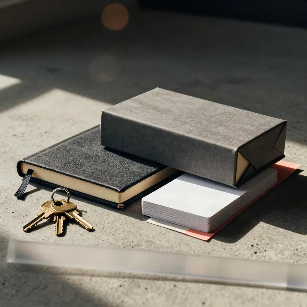 Founder launch kit with notebook, prototype carton, brass keys, and cards on concrete