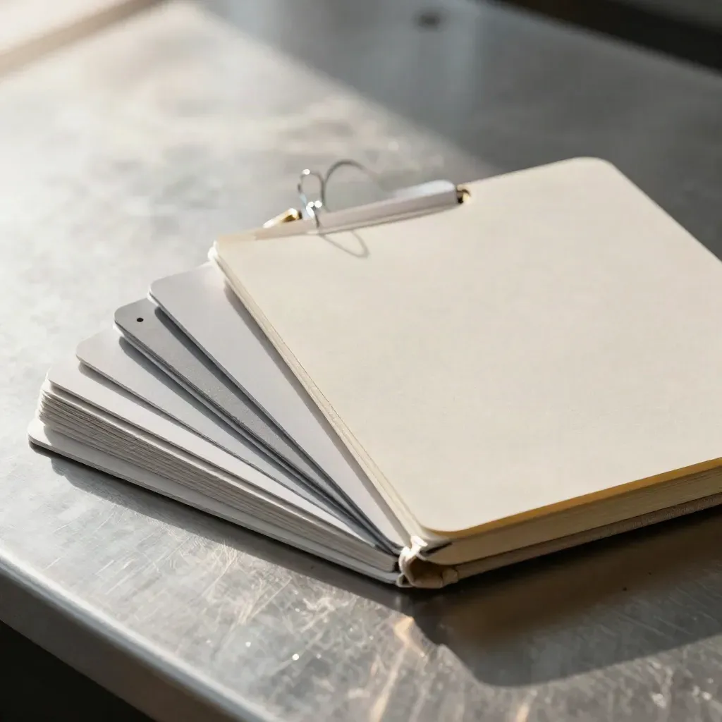 Brushed metal folders, shared notebook and action cards in soft daylight.