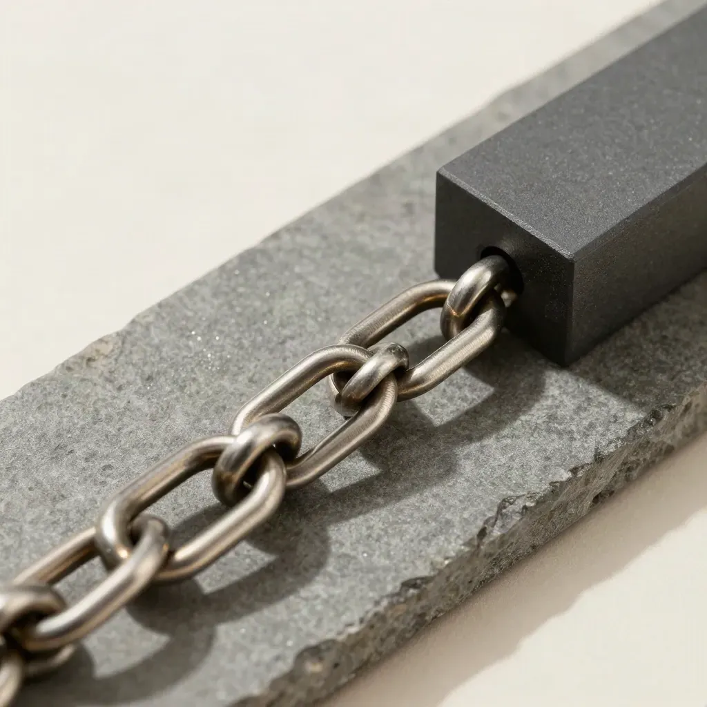 Top-down macro of steel rings, a snap connector and a bridge block on graphite stone.