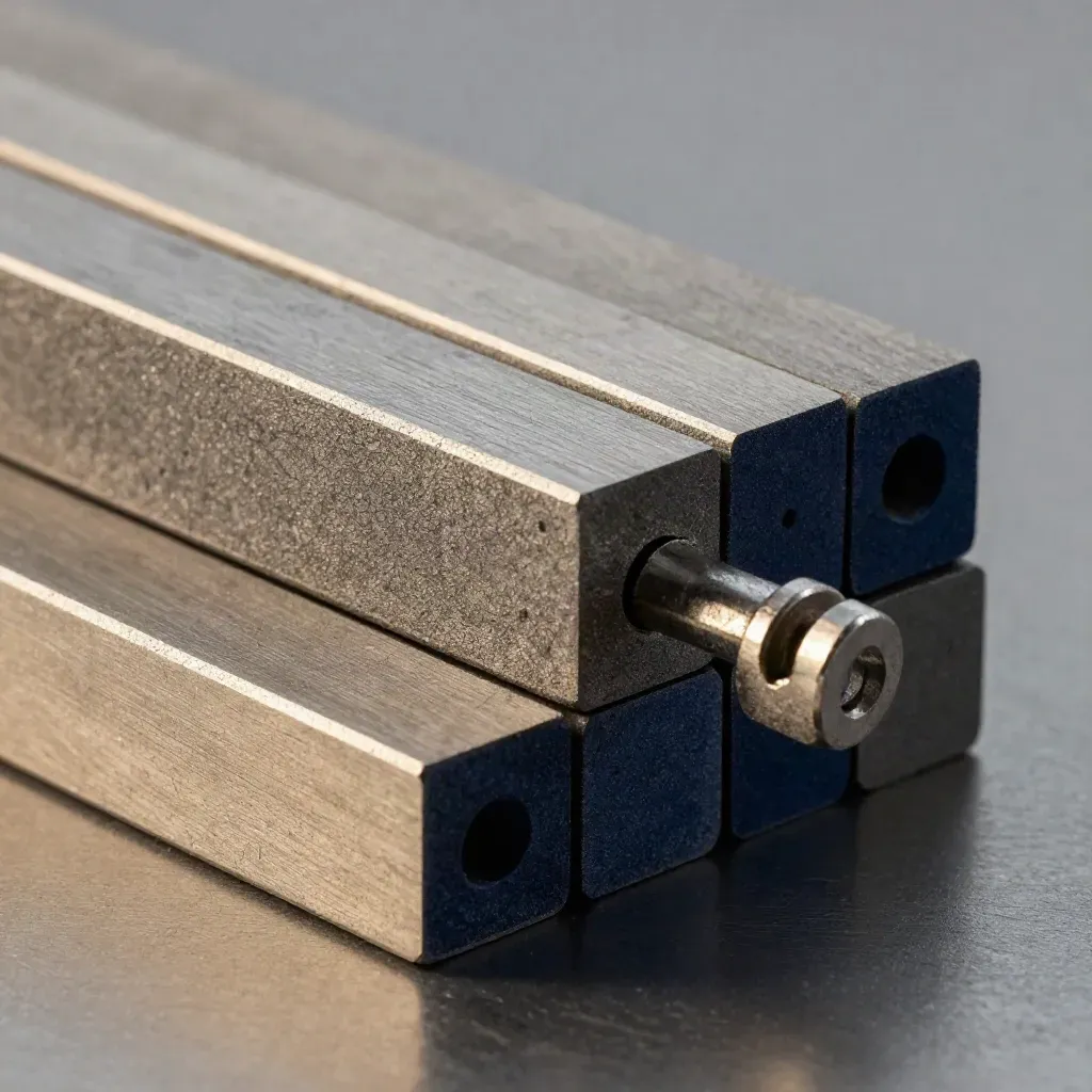 Graphite modular blocks and a metal peg lock together on brushed steel in low sidelight.