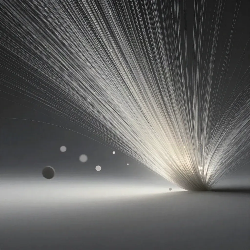 Abstract silver filaments converge into a soft white bloom in graphite haze.