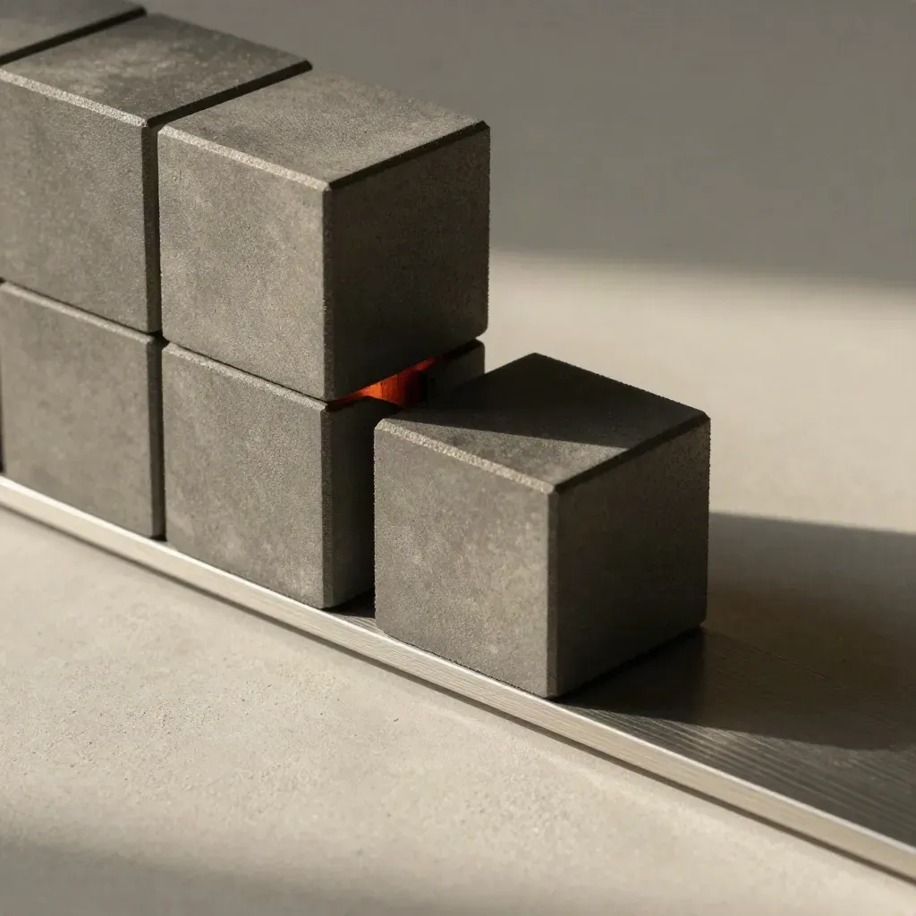 Graphite cubes and a bridging plate on concrete, dramatically lit with a subtle coral accent.