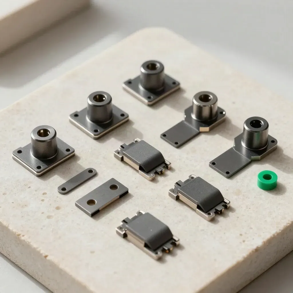Overhead still life of machined connectors and brackets on pale stone with a small green accent.